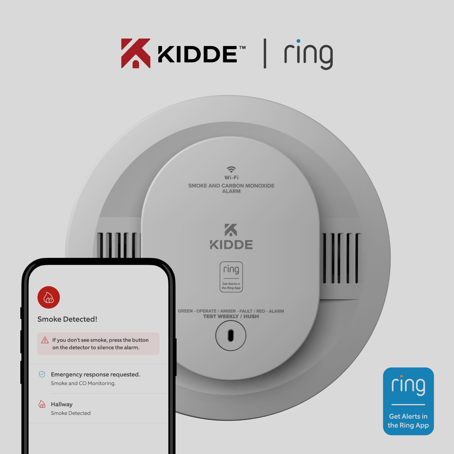 kidde bekabelde slimme rook- en koolmonoxidemelder binnencamera 2e generatie werkt met het ring alarm-beveiligingssysteem